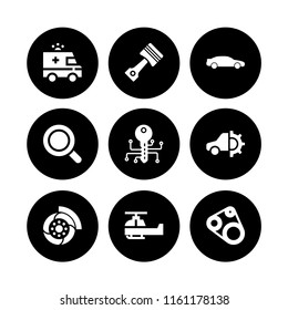 engine icon. 9 engine set with piston, search, automobile and military helicopter vector icons for web and mobile app
