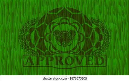 engine icon and Approved text grass turf emblem. Eco luxurious background. Illustration. 