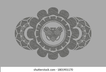 engine icon inside Grey stroke badge. Solid fashionable background. Vector illustration. 