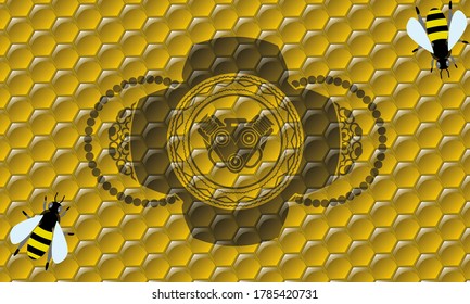 engine icon inside sweet honey realistic badge. beekeeping delicate background. Illustration. 