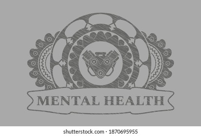 Motorsymbol und Mental Health Text Gray-Strich-Button. Feiner, exquisiter Hintergrund. Künstlerische Illustration. 