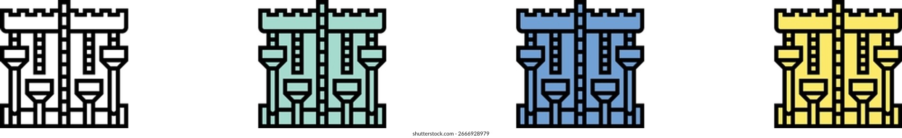 icono del motor. Esquema, diseño de estilo verde, azul y amarillo aislado sobre fondo blanco