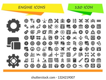 engine icon set. 120 filled engine icons.  Collection Of - Settings, Setting, Responsive, Wheel, Plane, Garage, Repair, Rocket ship, Gear, Rocket ship launch, Race car, Railway