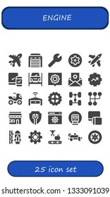 engine icon set. 25 filled engine icons.  Simple modern icons about  - Plane, Garage, Settings, Responsive, Repairing, Gear, Quad, Chassis, Gearshift, Market, Railway, Rocket ship launch