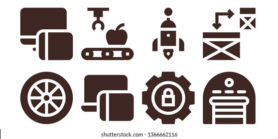 engine icon set. 8 filled engine icons.  Simple modern icons about  - Wheel, Responsive, Mechanical arm, Settings, Rocket, Garage