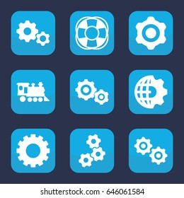 Engine icon. set of 9 filled engine icons such as gear, locomotive, fan, gear    sign symb