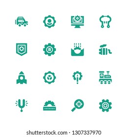 engine icon set. Collection of 16 filled engine icons included Setting, Search engine, Cogwheel, Tuning, Railroad, Settings, Rocket, Exhaust pipe, Submerge, Brake, Web settings