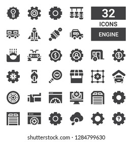 engine icon set. Collection of 32 filled engine icons included Settings, Seo, Garage, Web settings, Page speed, Brake, Wheel, Market, Web development, Pedal, Trailer, Setting