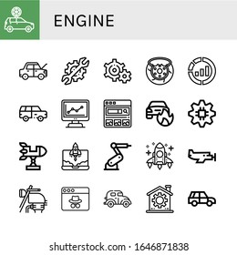 engine icon set. Collection of Car, Setting, Settings, Brake, Marketing, Suv, Search engine, Car on fire, Gear, Rocket, Industrial robot, Small plane, Motorbike, Webpage icons