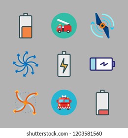 engine icon set. vector set about fire truck, airscrew, battery and propeller icons set.
