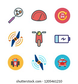 engine icon set. vector set about battery, scooter, car repair and speedometer icons set.