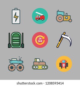 engine icon set. vector set about car repair, battery, fire truck and monster truck icons set.