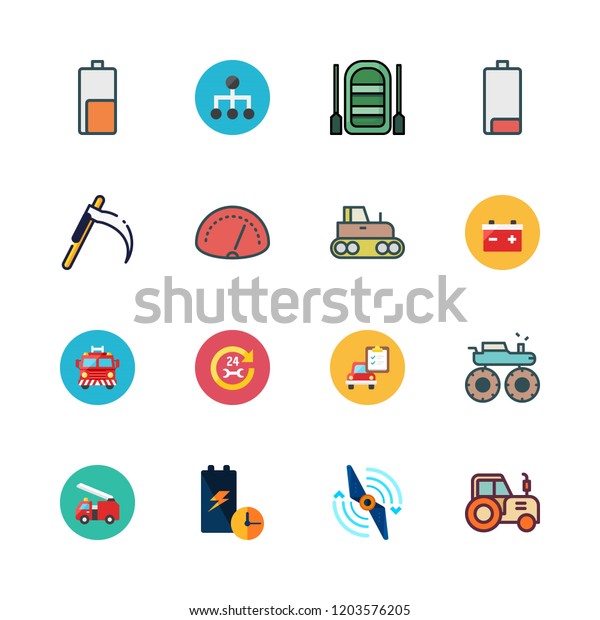 engine icon set. vector set about\
battery, tractor, monster truck and car repair icons\
set.