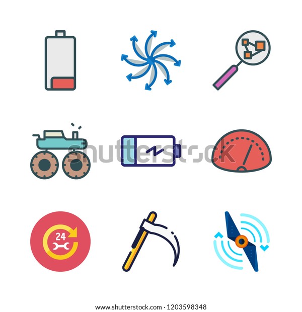 engine icon set. vector set about\
battery, mower, propeller and monster truck icons\
set.