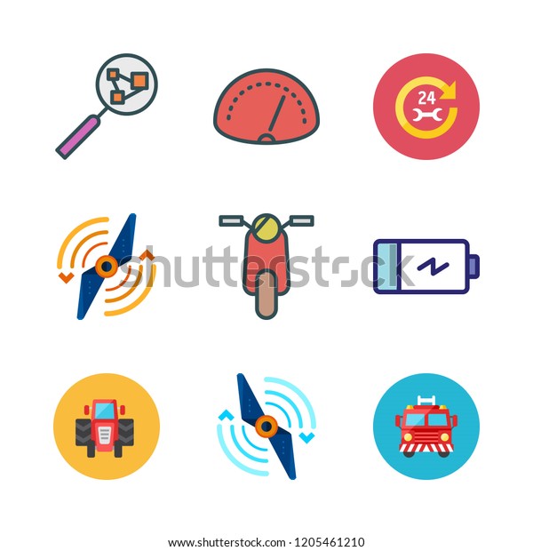 engine icon set. vector set about\
battery, scooter, car repair and speedometer icons\
set.