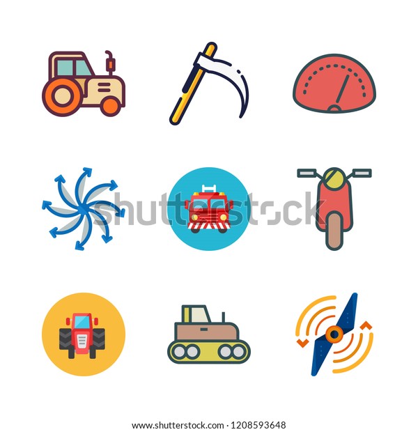 engine icon set. vector set about\
tractor, scooter, fire truck and airscrew icons\
set.