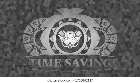engine icon and Time Saving text stone wall badge. Rock exquisite background. Artistic illustration. 