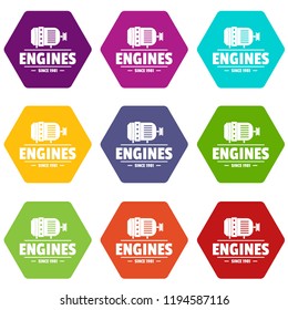 Engine icons 9 set coloful isolated on white for web