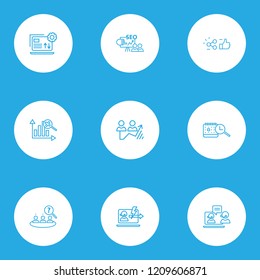 Engine icons line style set with marketing analytics, likes with share, traffic growth and other information elements. Isolated vector illustration engine icons.