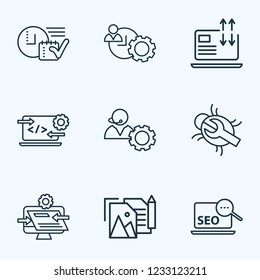 Engine icons line style set with website optimization, time planning, time management and other operator elements. Isolated vector illustration engine icons.