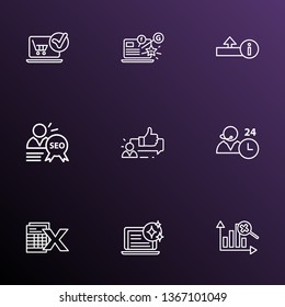 Engine icons line style set with SEO specialist, spreadsheets, fresh content and other uploading elements. Isolated vector illustration engine icons.