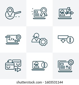 Engine icons line style set with data management, online consulting, code optimization and other best website elements. Isolated vector illustration engine icons.