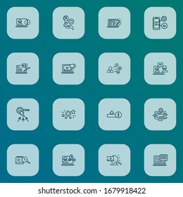 El estilo de línea de iconos del motor se establece con el identificador de rango de página, optimización móvil, palabras clave superiores y otros elementos de calendario. Iconos aislados del motor de ilustración vectorial.