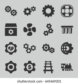 Engine icons set. set of 16 engine filled icons such as gear, heart in gear, locomotive, railway, fan