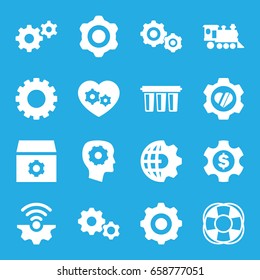 Engine icons set. set of 16 engine filled icons such as gear, gear in head, locomotive, fan