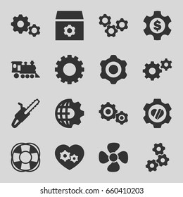 Engine icons set. set of 16 engine filled icons such as gear, chain saw, heart in gear, locomotive