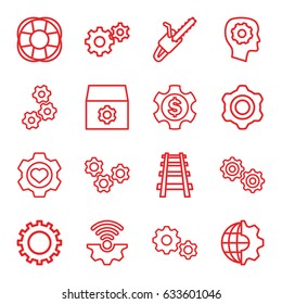 Engine icons set. set of 16 engine outline icons such as gear, gear in head, chain saw, railway