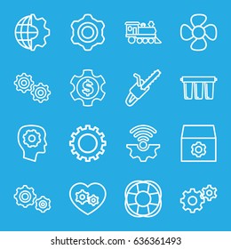 Engine icons set. set of 16 engine outline icons such as gear, gear in head, chain saw, locomotive, fan