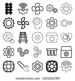 Engine icons. set of 25 editable outline engine icons such as gear, heart in gear, railway, fan, filter
