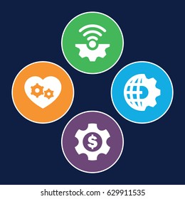 Engine icons set. set of 4 engine filled icons such as gear heart