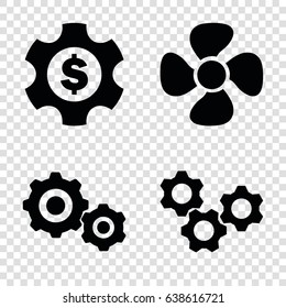 Engine icons set. set of 4 engine filled icons such as fan, gear    sign symb, gear