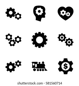 engine icons set. Set of 9 engine filled icons such as gear, gear in head