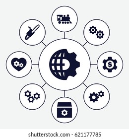 Engine icons set. set of 9 engine filled icons such as gear, chain saw, locomotive