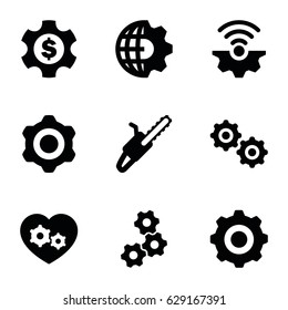 Engine icons set. set of 9 engine filled icons such as chain saw, gear heart