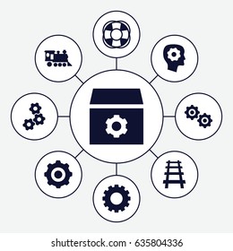 Engine icons set. set of 9 engine filled icons such as gear, gear in head, locomotive, railway, fan