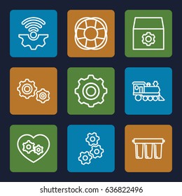 Engine icons set. set of 9 engine outline icons such as gear, locomotive, fan, gear heart