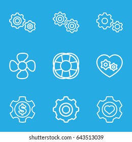 Engine icons set. set of 9 engine outline icons such as heart in gear, fan