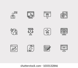 Engine icons set. Apps development and engine icons with page content, page load speed and SEO consulting. Set of elements including person for web app logo UI design.