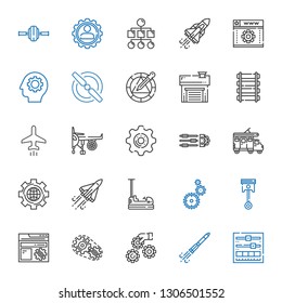 engine icons set. Collection of engine with setting, rocket ship, settings, automotive, bumper, space shuttle, trailer, plane, rail, garage. Editable and scalable engine icons.