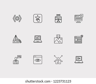 Engine icons set. Customer review and engine icons with social share, website optimization and digital marketing. Set of person for web app logo UI design.