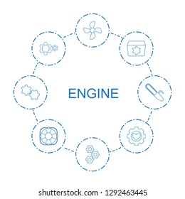 engine icons. Trendy 8 engine icons. Contain icons such as fan, gear, heart in gear, chain saw. engine icon for web and mobile.