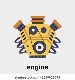 Engine illustration, internal combustion engine type with two cylinders arranged in a V shape. Flat Vector Illustration