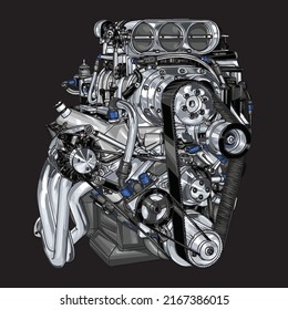 engine illustration isolated on black background for t-shirt, poster and business element.