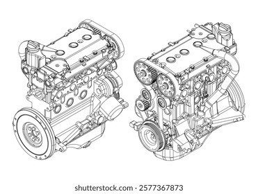 Engine Illustration Set. Car, Motorcycle, Electric Motor, and Rocket Engine for Science and Engineering Projects