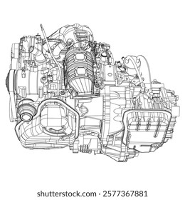 Engine Illustration Set. Car, Motorcycle, Electric Motor, and Rocket Engine for Science and Engineering Projects