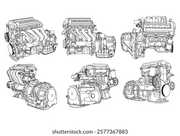 Engine Illustration Set. Car, Motorcycle, Electric Motor, and Rocket Engine for Science and Engineering Projects